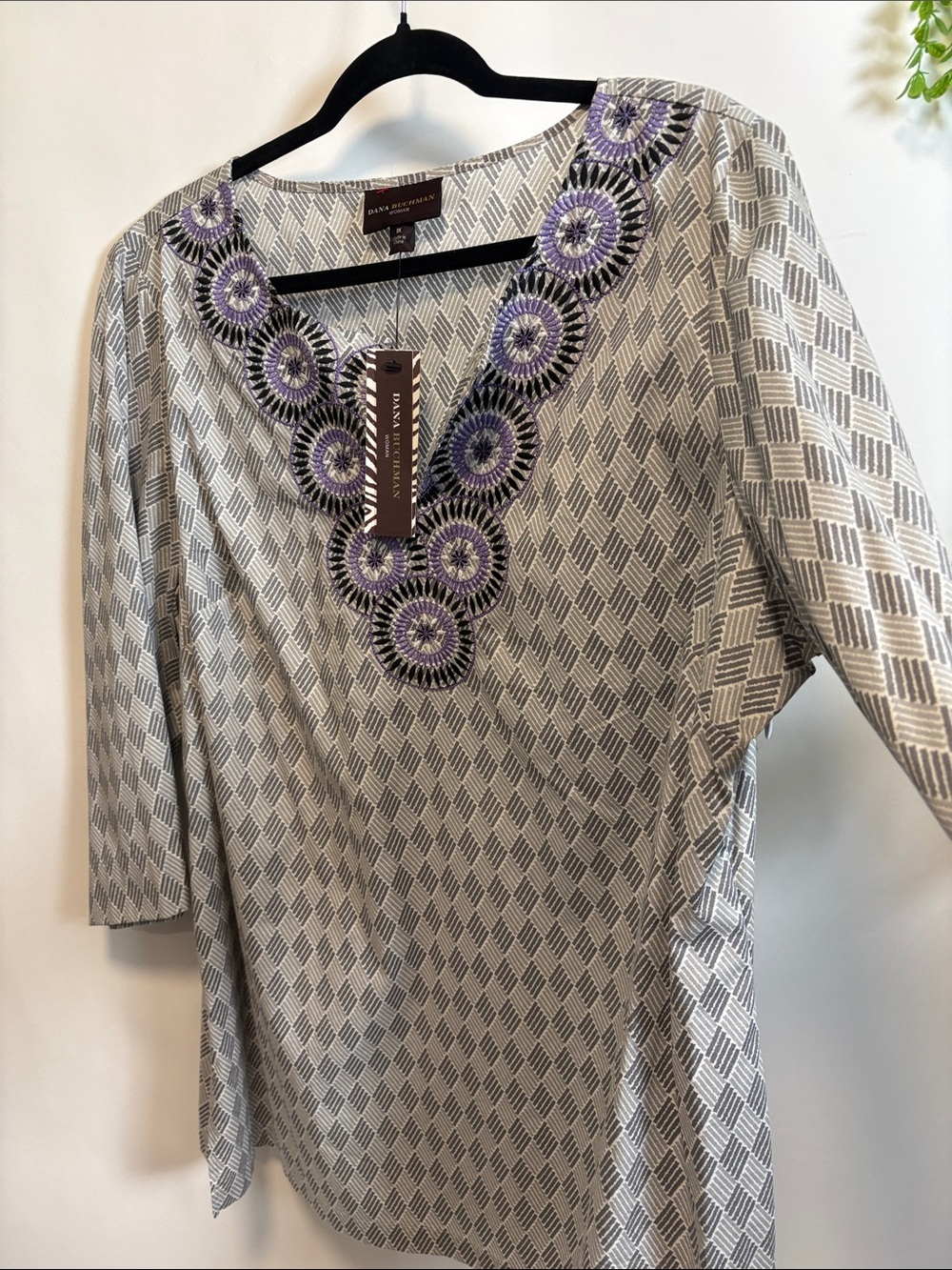 Dana Buchman Gray Tunic with Purple Embroidered V-Neck Medallions